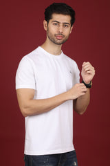 Men's White Lycra Single Jersey Round Neck T-shirt with Logo