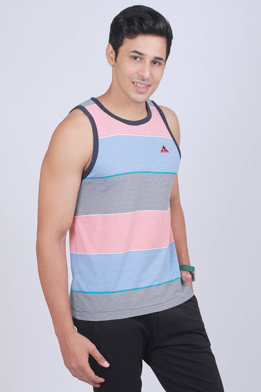 Men's White/Blue/Red Single Jersey Sleeveless Striped T-shirt