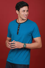 Men's Petrol Single Jersey Henley Neck T-shirt
