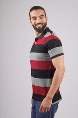 Mens Grey/Navy/Maroon Striped single jersey polo t-shirt