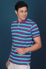 Men's Purple/Blue/White Striped Pique Polo T-shirt