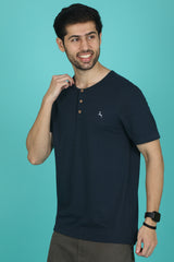Men's Navy Pima Cotton Single Jersey Henley Neck T-shirt with Logo