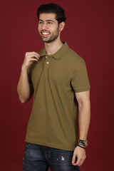 Men's Olive Green Enzyme Wash Pique Polo T-shirt