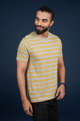 Men's Grey Mel/Yellow striped round neck t-shirt