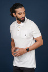 Men's Pure white single jersey polo t-shirt with pocket