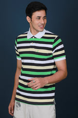 Men's Pastel Yellow/Green/White/Black Striped Pique Polo T-shirt