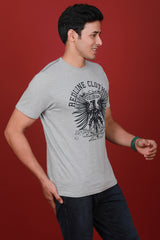 Men's Grey Melange Single Jersey Printed Round Neck T-shirt