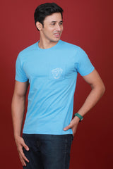 Men's Blue Single Jersey Printed Round Neck T-shirt With Pocket