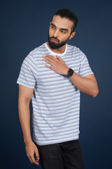 Men's White/Blue striped round neck t-shirt