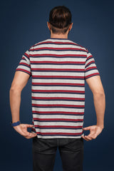 Men's Navy/Maroon/Light Grey striped round neck t-shirt