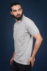 Men's grey melange core pique polo  t-shirt with pocket