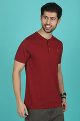 Men's Biking Red Pima Cotton Single Jersey Henley Neck T-shirt with Logo