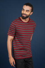 Men's Maroon/Leaf Green striped round neck t-shirt