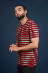 Men's Maroon/Parrot Green striped round neck t-shirt