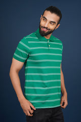 Men's Green/White Striped single jersey polo t-shirt