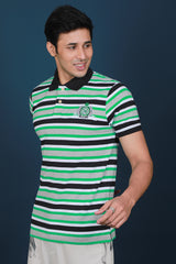 Men's Green/White/Black Striped Pique Polo T-shirt