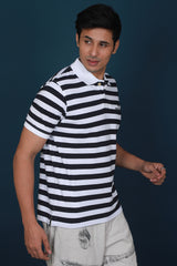 Men's Navy/White Striped Pique Polo T-shirt