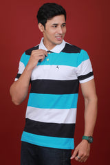 Men's Dark Navy/White/Blue Striped Pique Polo T-shirt