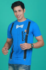 Men's Blue Printed Single Jersey Round Neck T-shirt