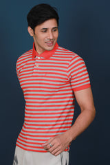 Men's Red/Grey Striped Pique Polo T-shirt