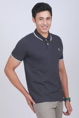 Men's Navy Lycra Pique Polo Tipping Collar T-shirt