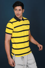 Men's Cyber Yellow/Black Striped Pique Polo T-shirt