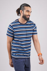 Men's White/Navy/Blue striped round neck t-shirt
