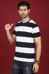 Men's Black/White Striped Round Neck T-shirt