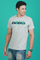 Men's Grey Melange Single Jersey Printed Round Neck T-shirt