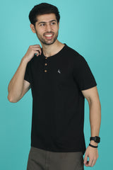 Men's Black Pima Cotton Single Jersey Henley Neck T-shirt with Logo
