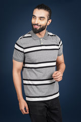 Mens Grey/White/Black Striped single jersey polo t-shirt