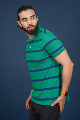 Men's Green/Blue Striped single jersey polo t-shirt