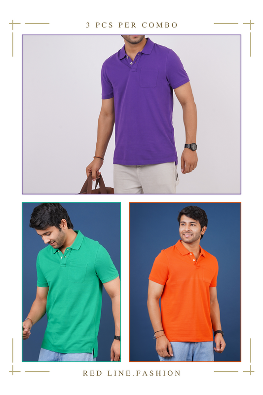 Pack of 3 Solid Polo T- shirts (Purple, Green, Orange) with pocket