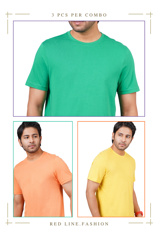 Pack of 3 Solid (Jelly Bean, Autum Sunset, Mimosa) Crew Neck T-Shirts