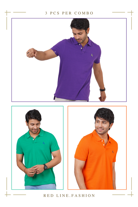 Pack of 3 Core Polo T-Shirts (Purple, Green, Orange) With Embroidered Logo