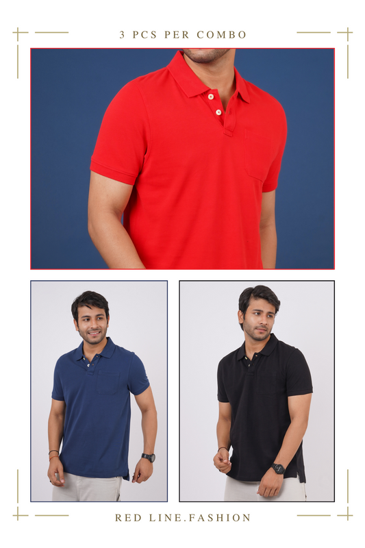 Pack of 3 Solid Polo(Navy, Jet Black, Red)T- shirts with pocket