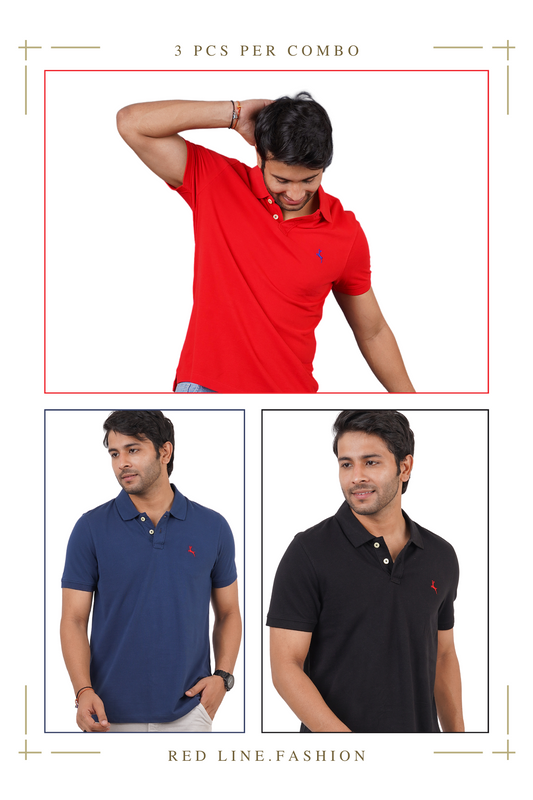 Pack of 3 Core Polo T-Shirts (Navy, Jet Black, Red) With Embroidered Logo