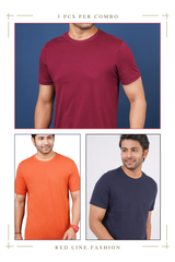 Pack of 3 Solid (Classic Red, Orange Rust & Navy) Crew Neck T-Shirts