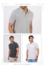 Pack of 3 Solid Polo(Grey Melange, Charcoal Melange, Brilliant White)T- shirts with pocket