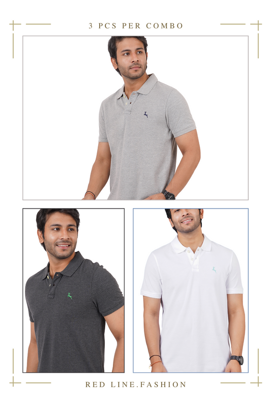 Pack of 3 Core Polo T-Shirts (Grey Mel, Anthra Mel, Brilliant White) With Embroidered Logo