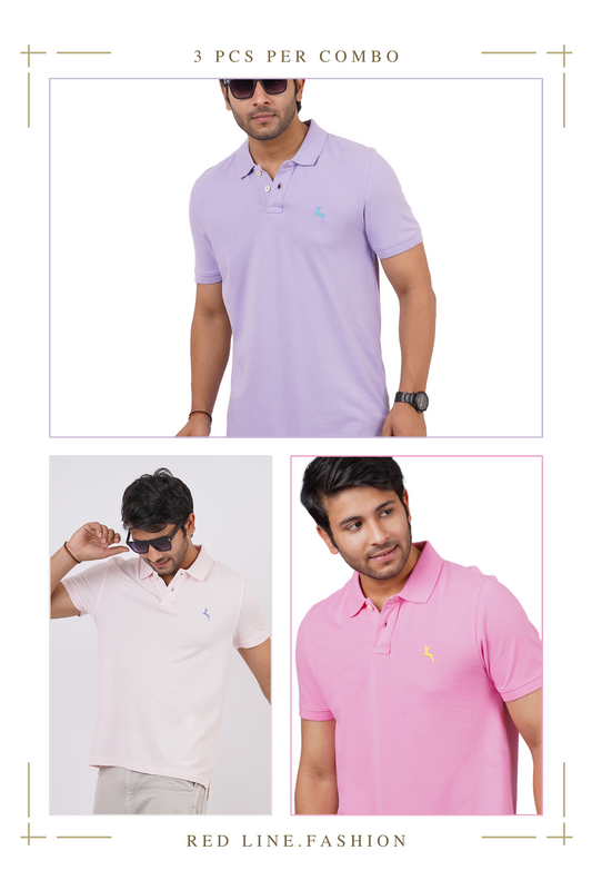 Pack of 3 Core Polo T- shirts (Lavender, Pink, Light Pink) With Embroidered Logo