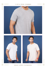 Pack of 3 Solid (Grey Melange, White, Cloud Pink) Crew Neck T-Shirts