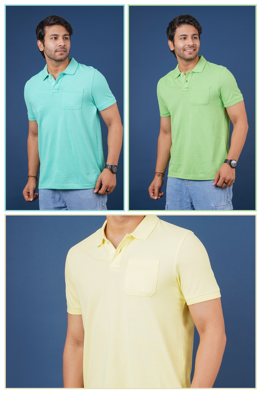 Pack of 3 Solid Polo(Mint, Lt. green, Lt. Yellow)T- shirts with pocket