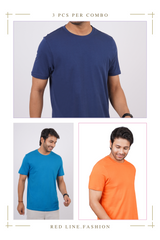 Pack of 3 Solid (Insigna blue, Turkish tile, Orange) Crew Neck T-Shirts