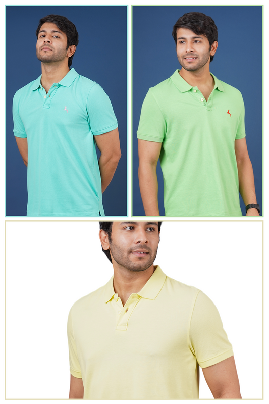 Pack of 3 Core Polo T-Shirts (Mint, LT Green & LT Yellow) With Embroidered Logo