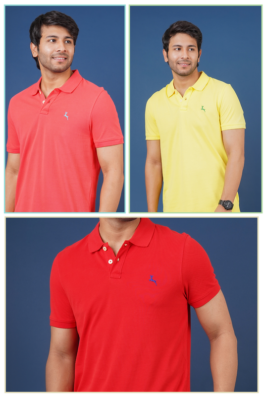 Pack of 3 Core Polo T-Shirts (Dark Pink, Red, Yellow) With Embroidered Logo