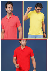 Pack of 3 Solid Polo T-Shirts (Dark Pink, Yellow, Red) with Pocket