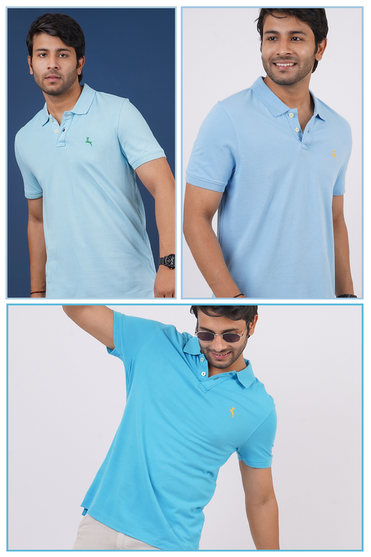 Pack of 3 Core Polo T-Shirts (MD Blue, Sky Blue, Light Blue) With Embroidered Logo