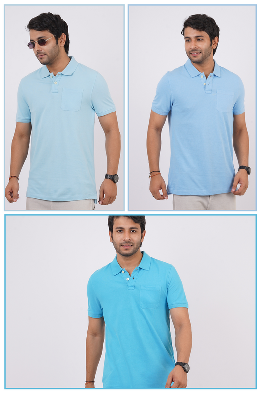 Pack of 3 Solid Polo(MD. Blue, Sky Blue, Lt. Blue)T- shirts with pocket