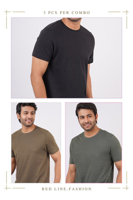 Pack of 3 Solid (Black, Bottle Green, Thyme) Crew Neck T-Shirts